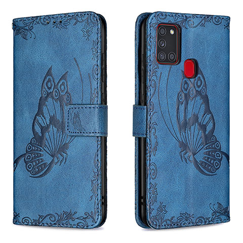 Handytasche Stand Schutzhülle Flip Leder Hülle Schmetterling B02F für Samsung Galaxy A21s Blau