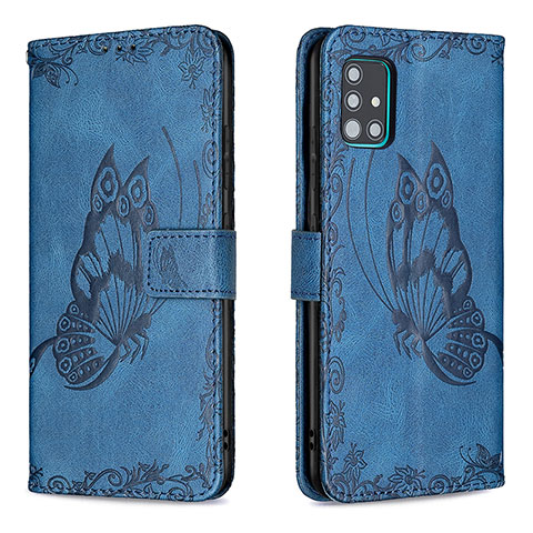 Handytasche Stand Schutzhülle Flip Leder Hülle Schmetterling B02F für Samsung Galaxy A51 4G Blau