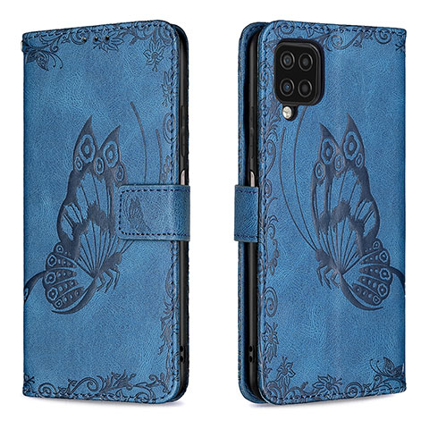Handytasche Stand Schutzhülle Flip Leder Hülle Schmetterling B02F für Samsung Galaxy F12 Blau