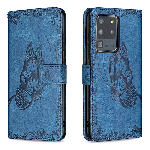 Handytasche Stand Schutzhülle Flip Leder Hülle Schmetterling B02F für Samsung Galaxy S20 Ultra 5G Blau