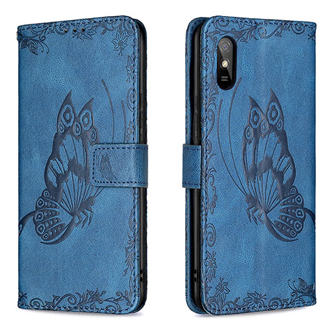 Handytasche Stand Schutzhülle Flip Leder Hülle Schmetterling B02F für Xiaomi Redmi 9A Blau