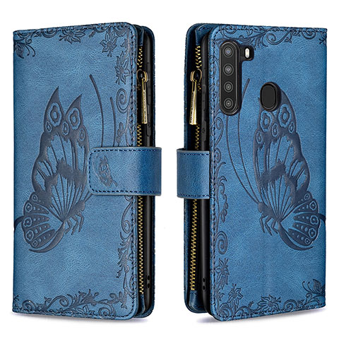 Handytasche Stand Schutzhülle Flip Leder Hülle Schmetterling B03F für Samsung Galaxy A21 Blau