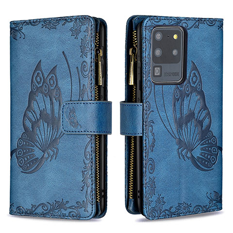 Handytasche Stand Schutzhülle Flip Leder Hülle Schmetterling B03F für Samsung Galaxy S20 Ultra Blau