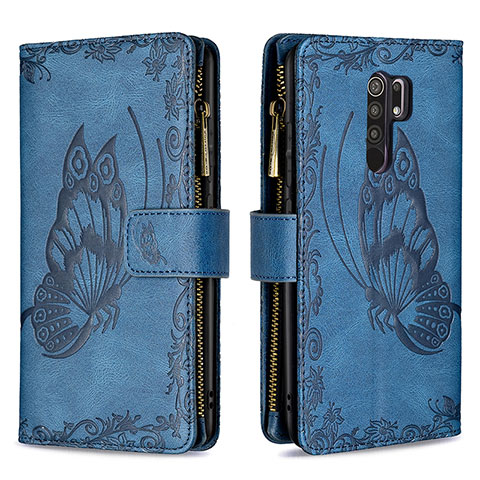 Handytasche Stand Schutzhülle Flip Leder Hülle Schmetterling B03F für Xiaomi Redmi 9 Prime India Blau