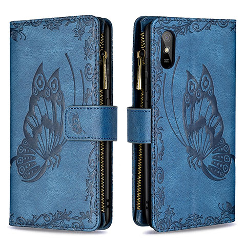 Handytasche Stand Schutzhülle Flip Leder Hülle Schmetterling B03F für Xiaomi Redmi 9A Blau