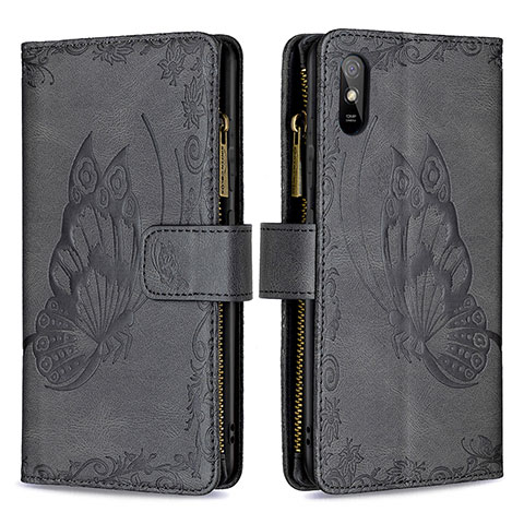 Handytasche Stand Schutzhülle Flip Leder Hülle Schmetterling B03F für Xiaomi Redmi 9AT Schwarz