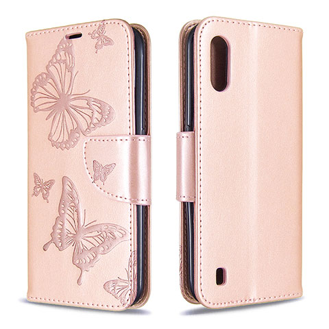 Handytasche Stand Schutzhülle Flip Leder Hülle Schmetterling B13F für Samsung Galaxy A01 SM-A015 Rosegold