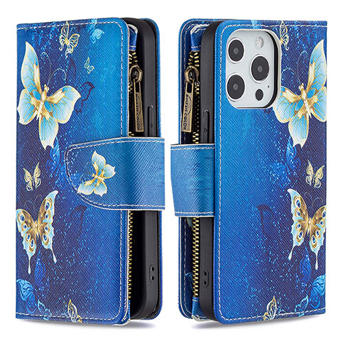 Handytasche Stand Schutzhülle Flip Leder Hülle Schmetterling für Apple iPhone 14 Pro Blau