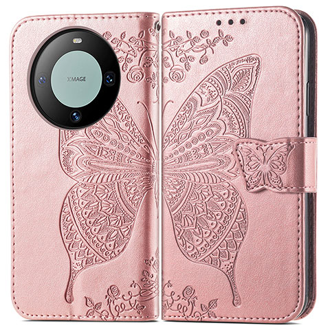 Handytasche Stand Schutzhülle Flip Leder Hülle Schmetterling für Huawei Mate 60 Pro Rosegold