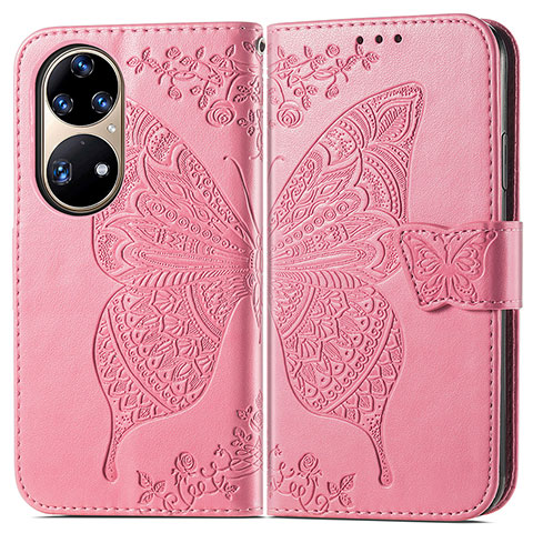 Handytasche Stand Schutzhülle Flip Leder Hülle Schmetterling für Huawei P50 Pink