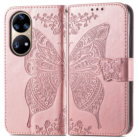 Handytasche Stand Schutzhülle Flip Leder Hülle Schmetterling für Huawei P50 Pro Rosa