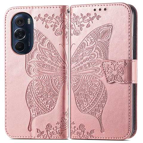 Handytasche Stand Schutzhülle Flip Leder Hülle Schmetterling für Motorola Moto Edge 30 Pro 5G Rosa