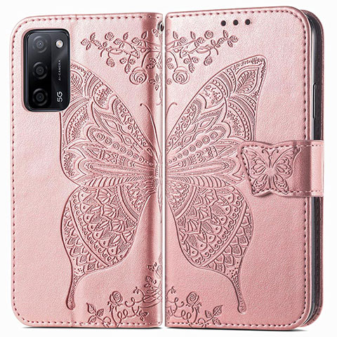 Handytasche Stand Schutzhülle Flip Leder Hülle Schmetterling für Oppo A53s 5G Rosa