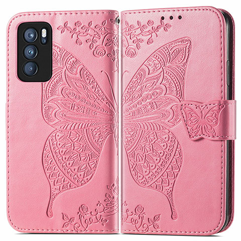 Handytasche Stand Schutzhülle Flip Leder Hülle Schmetterling für Oppo Reno6 Pro 5G India Pink