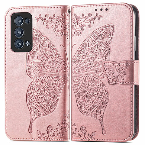 Handytasche Stand Schutzhülle Flip Leder Hülle Schmetterling für Oppo Reno6 Pro 5G Rosa