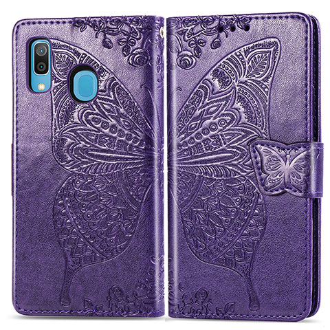 Handytasche Stand Schutzhülle Flip Leder Hülle Schmetterling für Samsung Galaxy A20 Violett