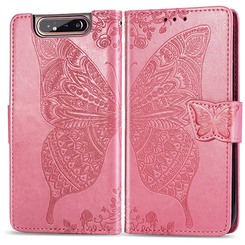 Handytasche Stand Schutzhülle Flip Leder Hülle Schmetterling für Samsung Galaxy A80 Pink