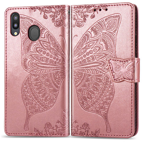 Handytasche Stand Schutzhülle Flip Leder Hülle Schmetterling für Samsung Galaxy M20 Rosa