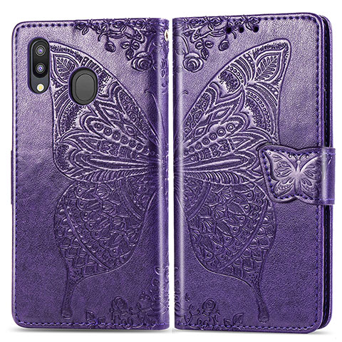 Handytasche Stand Schutzhülle Flip Leder Hülle Schmetterling für Samsung Galaxy M20 Violett