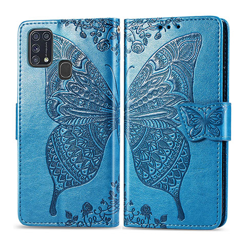 Handytasche Stand Schutzhülle Flip Leder Hülle Schmetterling für Samsung Galaxy M31 Prime Edition Blau