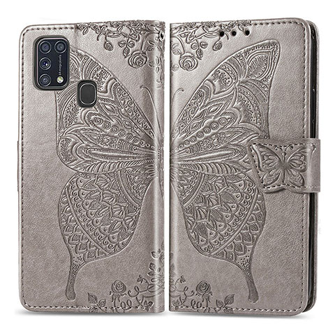 Handytasche Stand Schutzhülle Flip Leder Hülle Schmetterling für Samsung Galaxy M31 Prime Edition Grau
