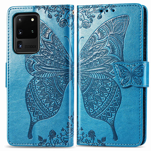 Handytasche Stand Schutzhülle Flip Leder Hülle Schmetterling für Samsung Galaxy S20 Ultra 5G Blau