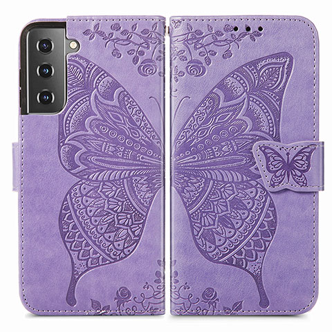 Handytasche Stand Schutzhülle Flip Leder Hülle Schmetterling für Samsung Galaxy S21 FE 5G Helles Lila