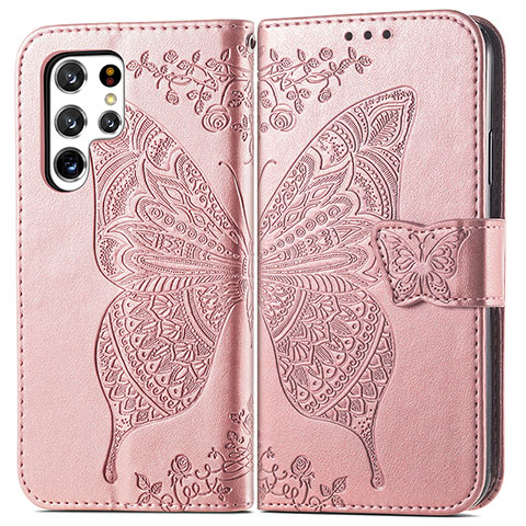 Handytasche Stand Schutzhülle Flip Leder Hülle Schmetterling für Samsung Galaxy S23 Ultra 5G Rosa