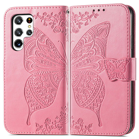 Handytasche Stand Schutzhülle Flip Leder Hülle Schmetterling für Samsung Galaxy S24 Ultra 5G Pink