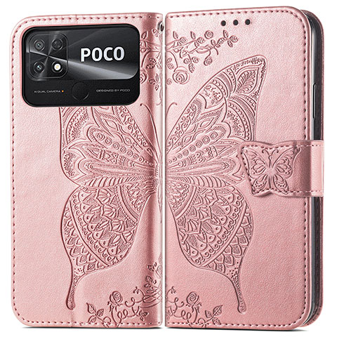 Handytasche Stand Schutzhülle Flip Leder Hülle Schmetterling für Xiaomi Poco C40 Rosa