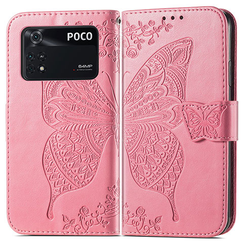 Handytasche Stand Schutzhülle Flip Leder Hülle Schmetterling für Xiaomi Poco M4 Pro 4G Pink