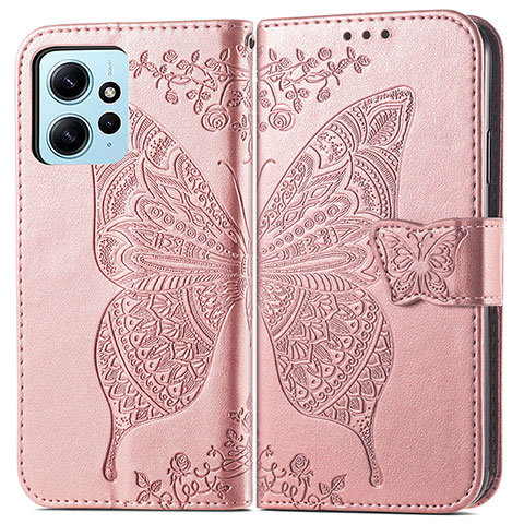 Handytasche Stand Schutzhülle Flip Leder Hülle Schmetterling für Xiaomi Redmi Note 12 4G Rosegold