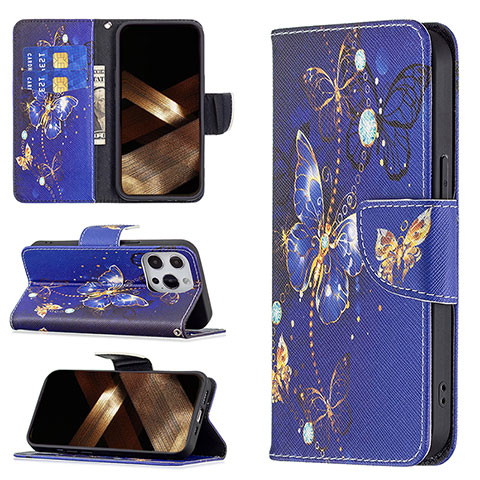 Handytasche Stand Schutzhülle Flip Leder Hülle Schmetterling L07 für Apple iPhone 14 Pro Königs Blau