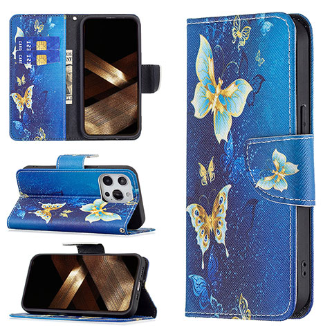 Handytasche Stand Schutzhülle Flip Leder Hülle Schmetterling L07 für Apple iPhone 14 Pro Max Blau