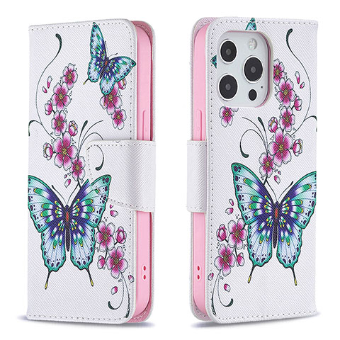 Handytasche Stand Schutzhülle Flip Leder Hülle Schmetterling L07 für Apple iPhone 14 Pro Max Rosa