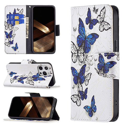 Handytasche Stand Schutzhülle Flip Leder Hülle Schmetterling L07 für Apple iPhone 15 Pro Weiß