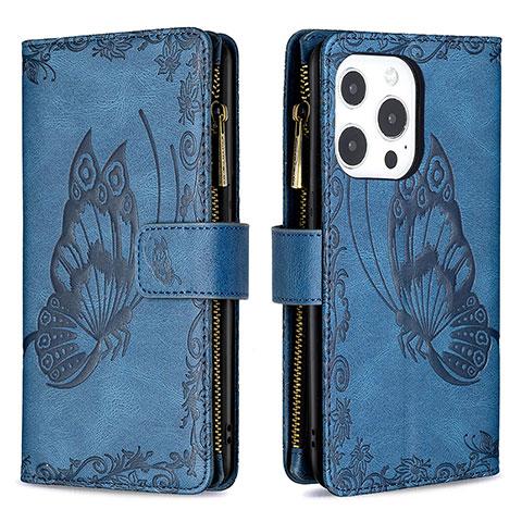 Handytasche Stand Schutzhülle Flip Leder Hülle Schmetterling L08 für Apple iPhone 14 Pro Max Blau