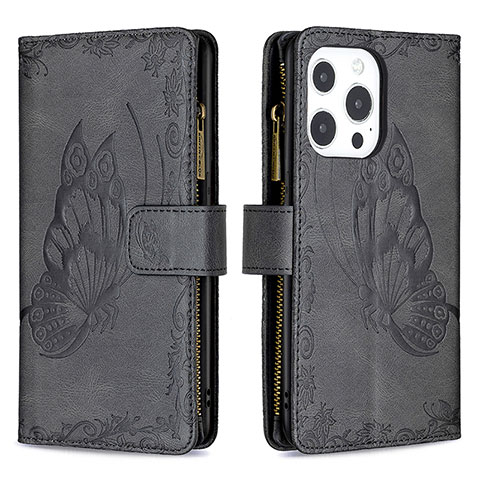 Handytasche Stand Schutzhülle Flip Leder Hülle Schmetterling L08 für Apple iPhone 16 Pro Max Schwarz