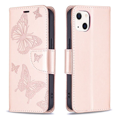 Handytasche Stand Schutzhülle Flip Leder Hülle Schmetterling L09 für Apple iPhone 15 Plus Rosa