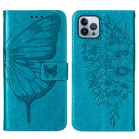 Handytasche Stand Schutzhülle Flip Leder Hülle Schmetterling L10 für Apple iPhone 13 Pro Blau