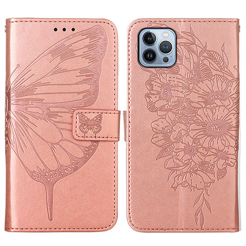 Handytasche Stand Schutzhülle Flip Leder Hülle Schmetterling L10 für Apple iPhone 13 Pro Rosegold