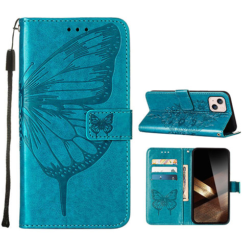 Handytasche Stand Schutzhülle Flip Leder Hülle Schmetterling L10 für Apple iPhone 15 Plus Blau