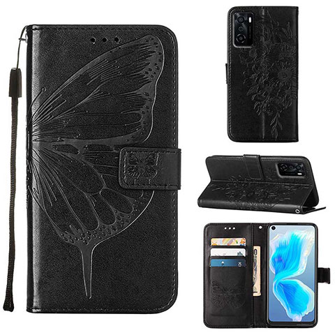 Handytasche Stand Schutzhülle Flip Leder Hülle Schmetterling Y01B für Oppo A55S 5G Schwarz