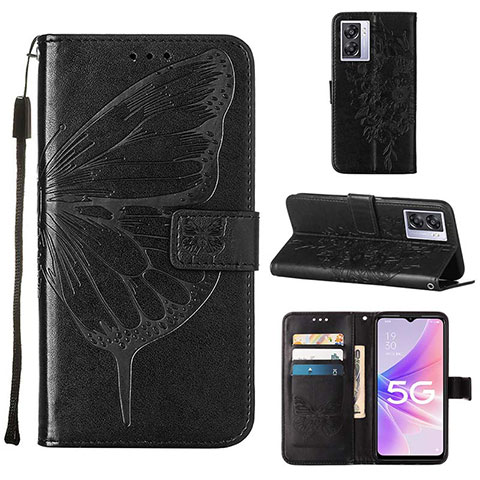 Handytasche Stand Schutzhülle Flip Leder Hülle Schmetterling Y01B für Oppo A77 5G Schwarz