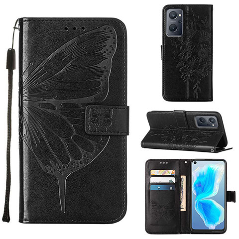 Handytasche Stand Schutzhülle Flip Leder Hülle Schmetterling Y01B für Oppo A96 4G Schwarz