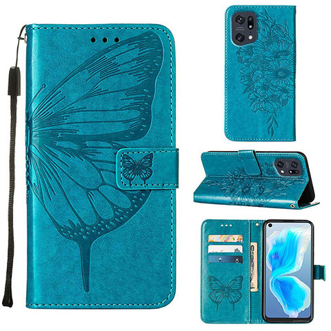 Handytasche Stand Schutzhülle Flip Leder Hülle Schmetterling Y01B für Oppo Find X5 Pro 5G Blau