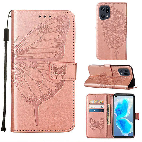 Handytasche Stand Schutzhülle Flip Leder Hülle Schmetterling Y01B für Oppo Find X5 Pro 5G Rosegold