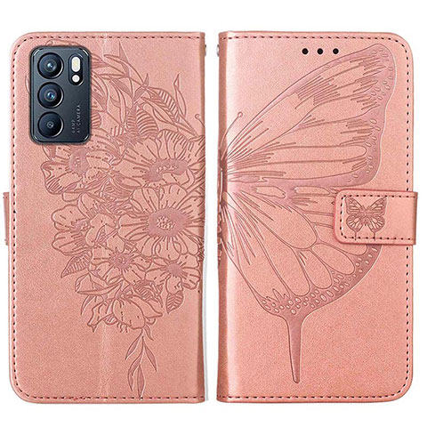 Handytasche Stand Schutzhülle Flip Leder Hülle Schmetterling Y01B für Oppo Reno6 5G Rosegold