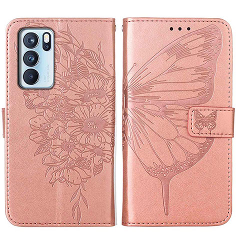 Handytasche Stand Schutzhülle Flip Leder Hülle Schmetterling Y01B für Oppo Reno6 Pro 5G India Rosegold