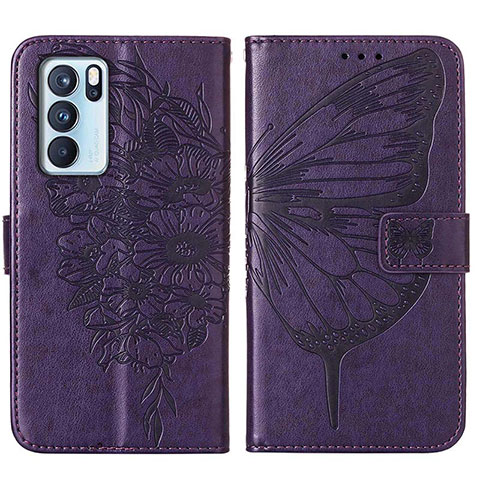 Handytasche Stand Schutzhülle Flip Leder Hülle Schmetterling Y01B für Oppo Reno6 Pro 5G India Violett